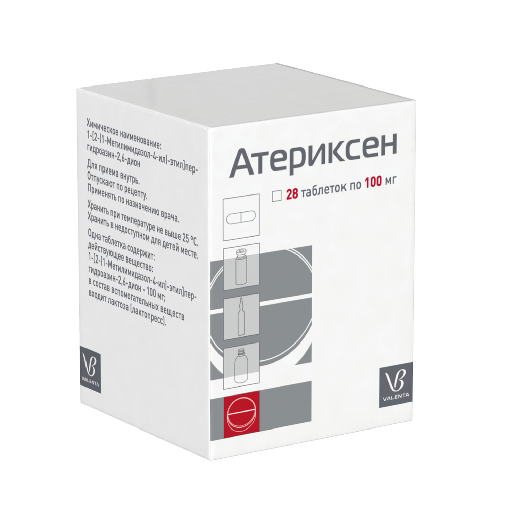 Атериксен, 100 мг, таблетки, 28 шт. купить по цене от 2998 руб в  Санкт-Петербурге, заказать с доставкой в аптеку, инструкция по применению,  отзывы, аналоги, Обнинская химико-фармацевтическая компания