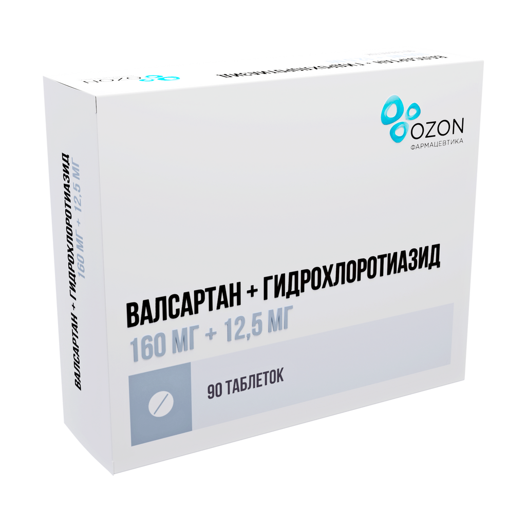 Валсартан + Гидрохлоротиазид, 160 мг+12.5 мг, таблетки, покрытые пленочной оболочкой, 90 шт.