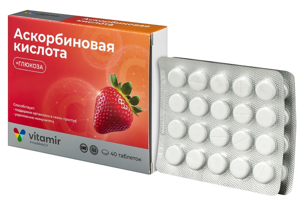 Аскорбиновая кислота с глюкозой Витамир, 100 мг, таблетки жевательные, 40 шт.