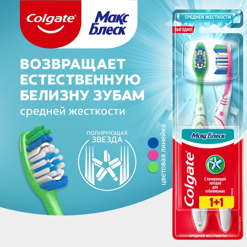 Colgate Макс Блеск Зубная щетка средняя, промоупаковка, 2 шт.