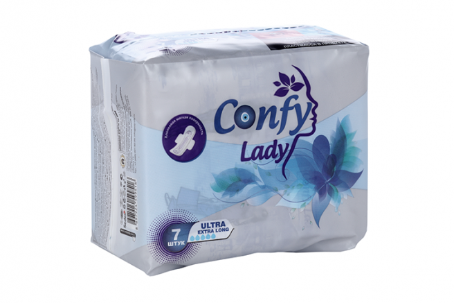 фото упаковки Confy Lady Ultra ExtraLong Прокладки гигиенические с крылышками, 5 капель, прокладки гигиенические, 7 шт. фото упаковки Confy Lady Ultra ExtraLong Прокладки гигиенические с крылышками