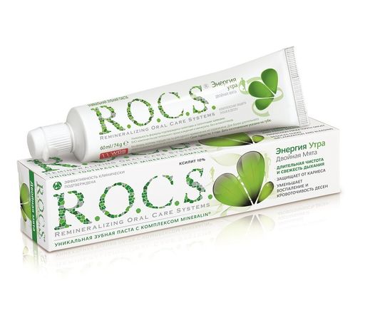 ROCS Зубная паста Энергия утра Двойная мята, без фтора, паста зубная, со вкусом мяты, 74 г, 1 шт.