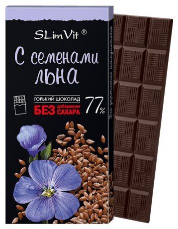 Slim Vit Шоколад горький с семенами льна, 77% какао, шоколад, без сахара, 60 г, 1 шт.