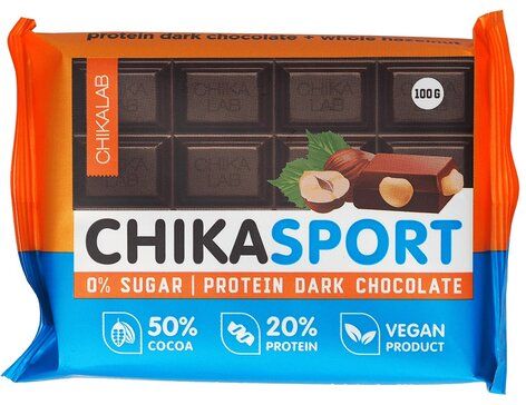 Chikalab chikasport Шоколад протеиновый темный без сахара, шоколад, с фундуком, 100 г, 1 шт.