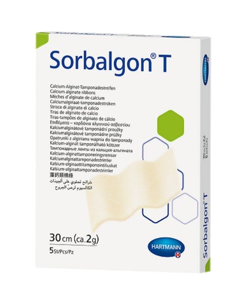 Sorbalgon T Тампонадная лента из волокон кальция-альгината, 2 г/30 см, 5 шт.