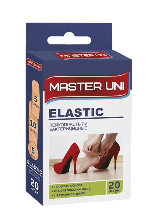 Master Uni Elastic Лейкопластырь бактерицидный, 3 размера (5,6х1,9см, 7,2х1,9см, 2,2см), пластырь, тканевая основа, 20 шт.