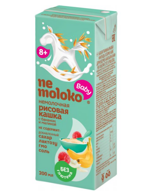 Nemoloko Baby каша безмолочная рисовая, для детей с 8 месяцев, с бананом и малиной, 200 мл, 1 шт.
