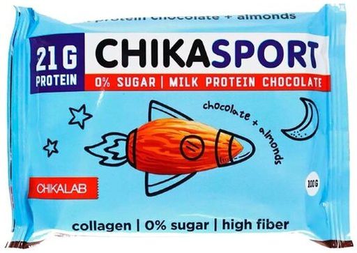 Chikalab chikasport шоколад молочный протеиновый без сахара, шоколад, миндаль, 100 г, 1 шт.